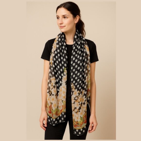 VINTAGE 100% Silk Polka Dot Floral Scarf Shawl Wrap Sheer Retro Pin-Up 72" x 35" - Picture 2 of 11